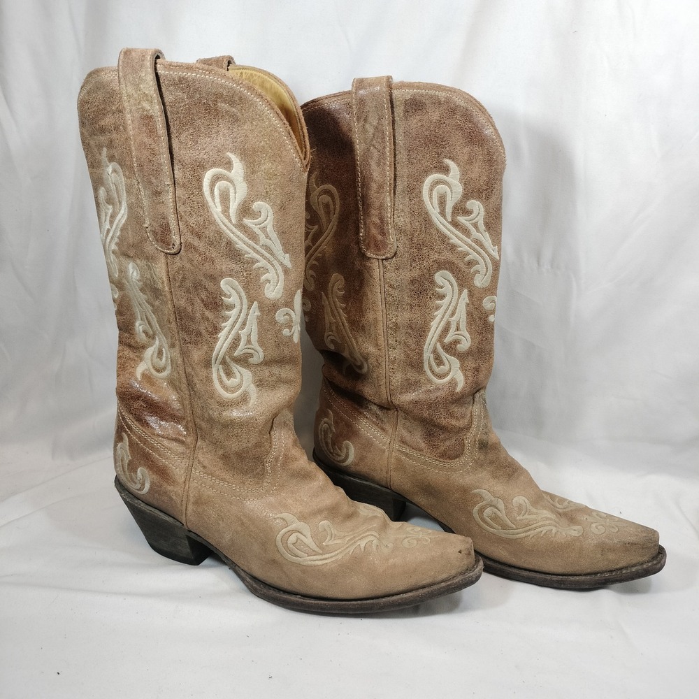 Corral Embroidered Leather Cowboy Boots; Distressed Leather, Snip Toe
